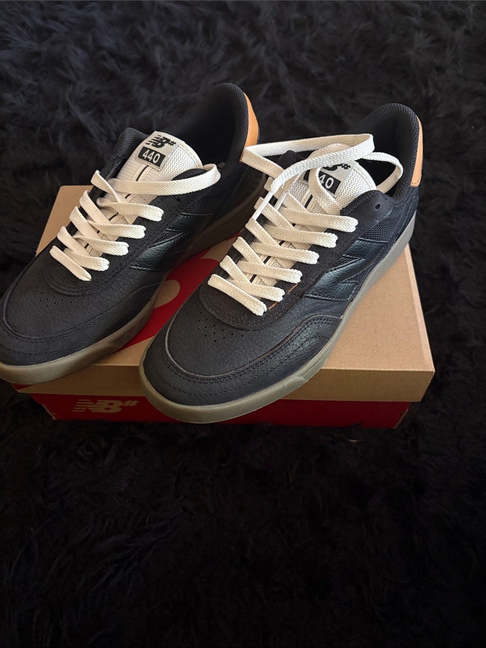 New Balance Men's Black Sneakers with Cream Laces and Tan Heel